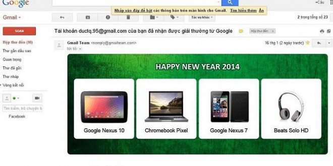 Đề phòng email lừa đảo "nhận thưởng từ Google"